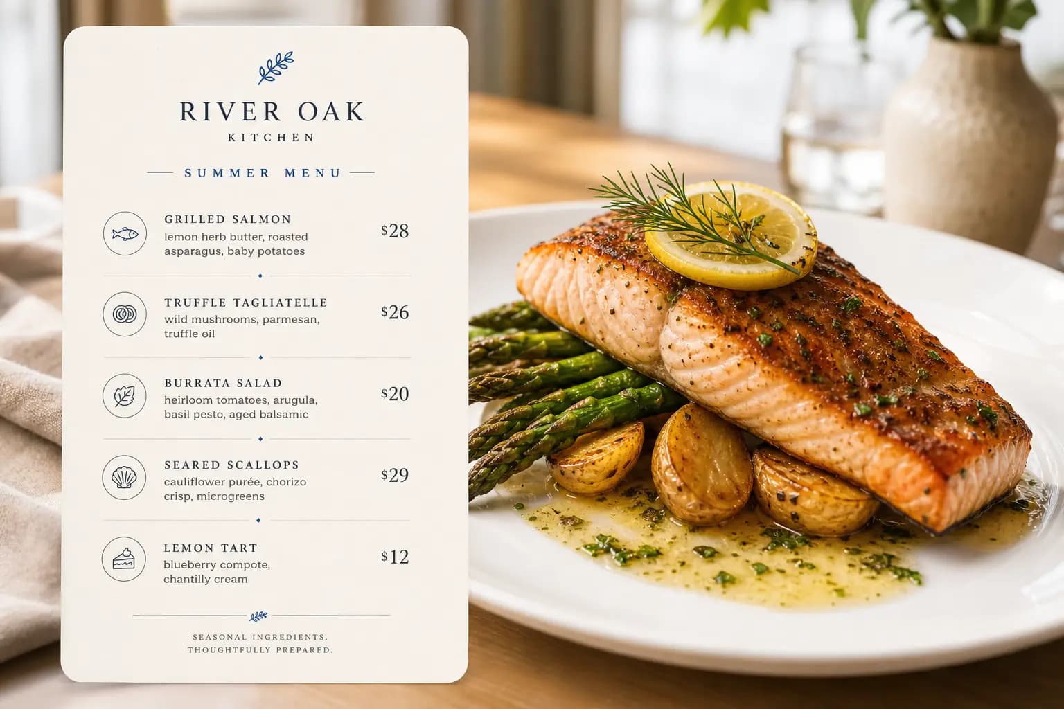 Restaurant menu and plated dish preview